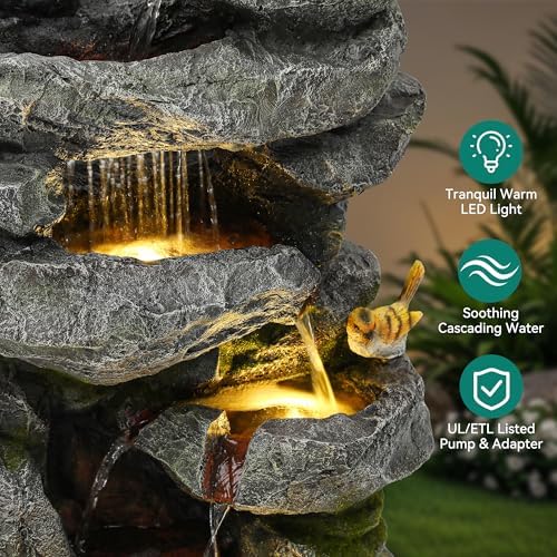 AUTODAYA 31.5" H Multi-Tier Rock Outdoor Fountain with LED Lights&Birds - Image 3