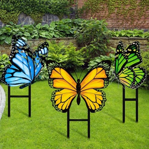 3 Pcs Green Yellow Blue Butterfly Metal Garden Stakes Spring Yard by Otoolling