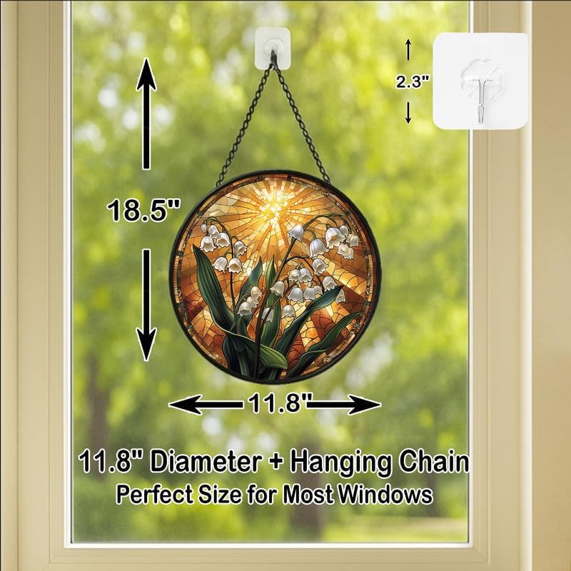 Stained Glass Window Hanging Lily of The Valley with Sunburst 11.8in Floral Sun Catcher, Vintage Rustic Home Decor - Image 4