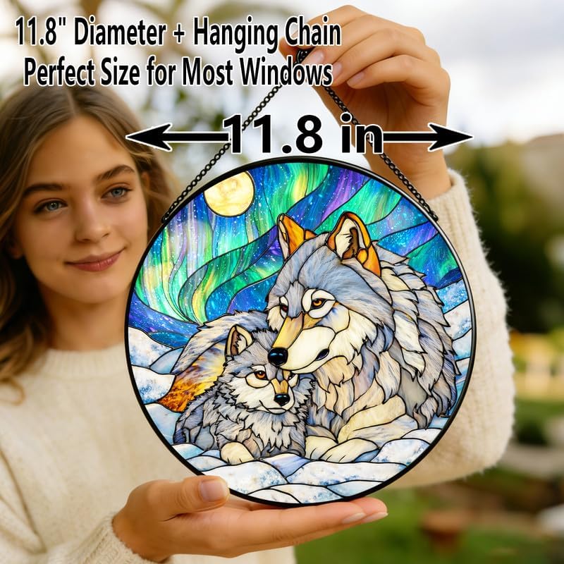 Stained Glass Window Hanging Suncatcher 11.8 in Wolf Family Aurora Scene Colorful Glass Panel Sun Catcher for Window,Window Hanging Decor for Home,Housewarming Gift - Image 6