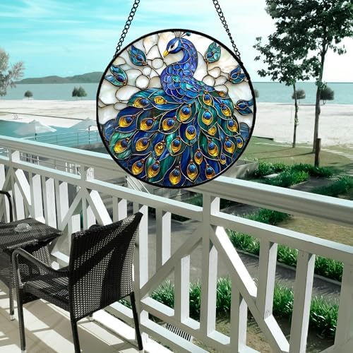 Blue Peacock Stained Glass Window Hanging Suncatcher Gifts for Women 15" - Image 5