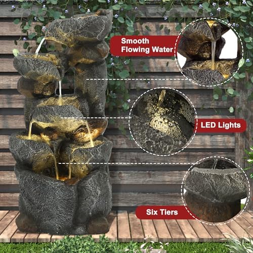 6-Tiers Cascading Outdoor Water Fountain with 6 LED Lights, Garden Fountain with Waterfalls for Home Garden, Patio, Porch and Backyard Art Decor, Natural Stone, Soothing Sound, Gray - Image 3