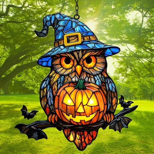 Cute Witch Owl and Pumpkin Acrylic Suncatcher - Image 3