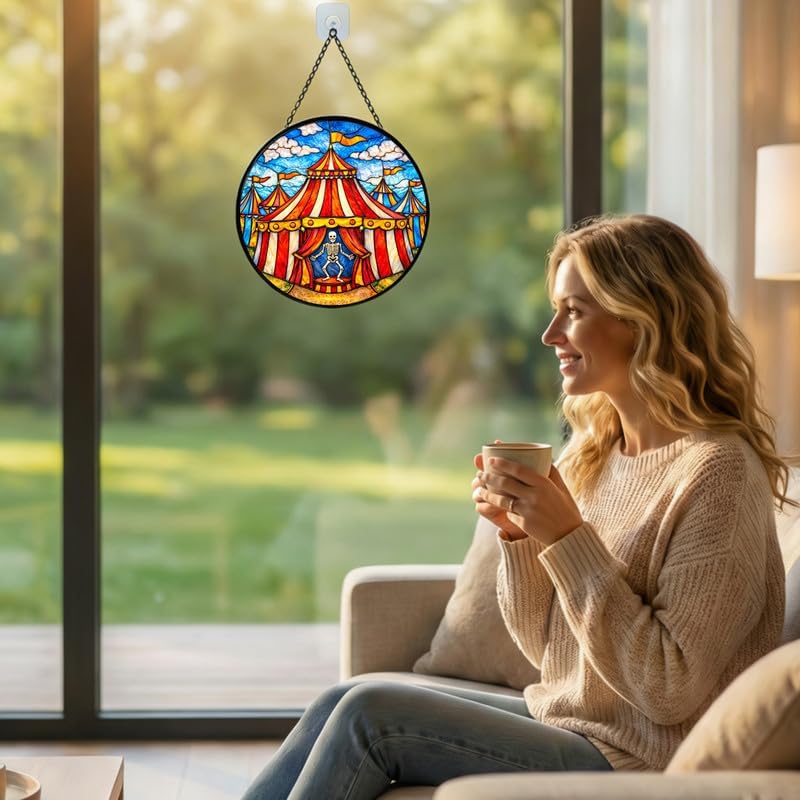 Stained Glass Window Hanging Suncatcher 11.8 in Circus Tent Skeleton Performer Colorful Glass Panel Sun Catcher for Window,Window Hanging Decor for Home,Housewarming Gift - Image 3