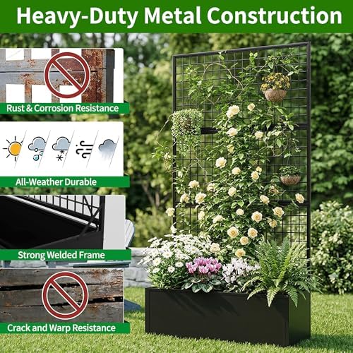 Privacy Planters for Patio – Metal Raised Garden Bed with Trellis and Privacy Screen, 71" x 35" x 16" Planter Box with Drainage Holes for Climbing Plants, Vegetables, and Vines, Outdoor Backyard Black - Image 4