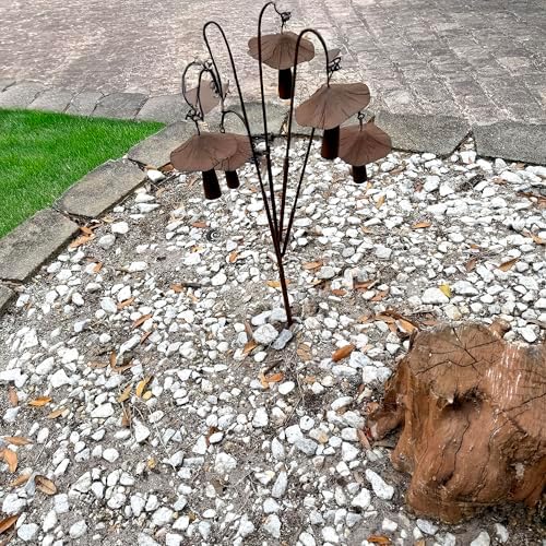 Mushroom Garden Rain Bell Stake, 30 Inch Brown Metal Sculpture - Image 6