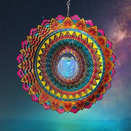 FONMY Solar Wind Spinner Mandala Flame 3D Stainless Steel Hanging Wind Spinners Worth Gift Christmas Decoration Indoor/Outdoor Garden Décor Kinetic Yard Art 12 Inches Multi Red Wind Sculpture by FONMY
