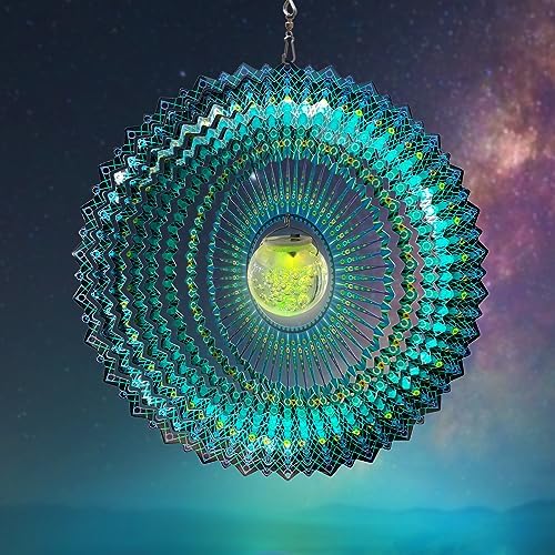 FONMY Solar Wind Spinner Mandala Starry Sky 3D Stainless Steel Hanging Wind Spinners Gift Christmas Decoration Indoor/Outdoor Garden Décor Kinetic Yard Art 12 Inches Multi Peacock Blue Wind Sculpture by FONMY