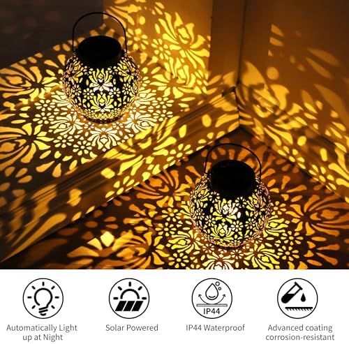LUZ DEL Gifts 2 Pack Solar Lanterns, Rose Pattern Hanging Garden Lights - Image 4