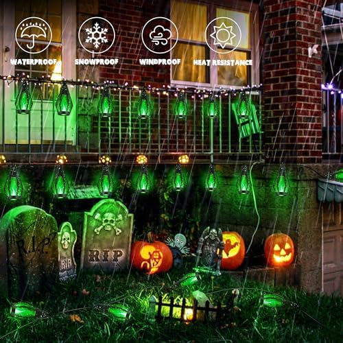 iBaycon 42FT 15 LED Solar Flame Halloween String Lights Outdoor, Green - Image 5