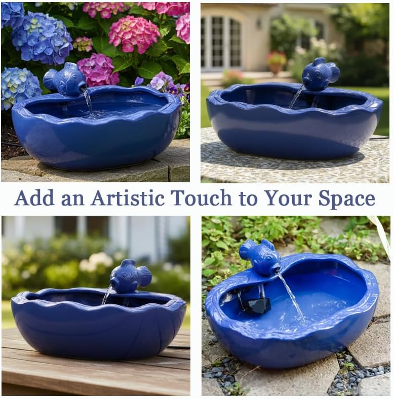 Solar Water Fountain, 11 inch Ceramic Koi Fountain, Blue Glazed Finish, Outdoor Solar Garden Fountain, Solar Powered Fountain for Garden, Tabletop, Balcony, Patio, Deck - Image 6