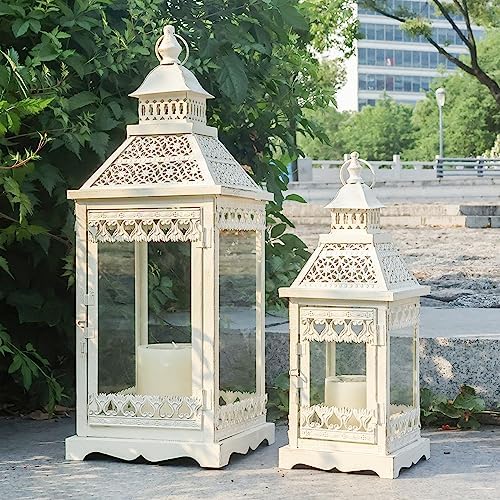NEEDOMO Lanterns Decorative Outdoor & Indoor, Set of 2 Outdoor Lanterns for Porch,Large Square Candle Lantern, Beige Metal Frame with Glass for Fall, Christmas by NEEDOMO-LightUpYourSpace
