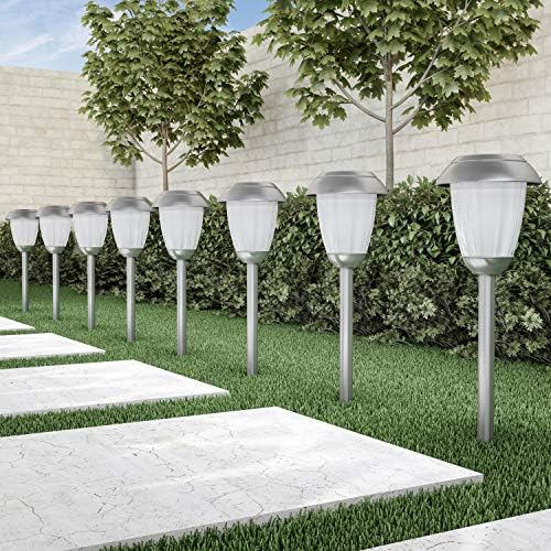 Solar Path Lights, Set of 8-16” Tall Stainless Steel Outdoor Stake Lighting for Garden, Landscape, Yard, Driveway, Walkway by Pure Garden (Gunmetal) - Image 5