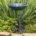 Zaer Ltd. Deep Well Made Metal Birdbath with 2 Cast Iron Birds and Leaf Decoration (Frosted Blue) by ZaerLtd