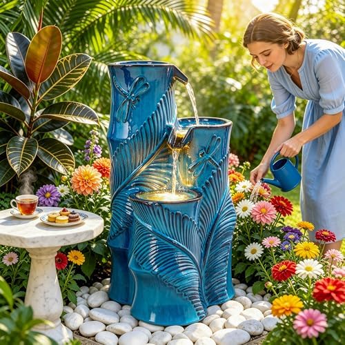 Autodaya Tropical Turquoise Ceramic Outdoor Water Fountain with Lights - Image 4