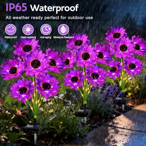 Solar Sunflower Lights Outdoor Garden Decor, 4 Pack Solar Purple Flowers Lights with 24 Sunflowers, Waterproof Fall Decor Stake Decorative Light Auto ON/Off for Garden Yard Patio, Gift for Women - Image 4
