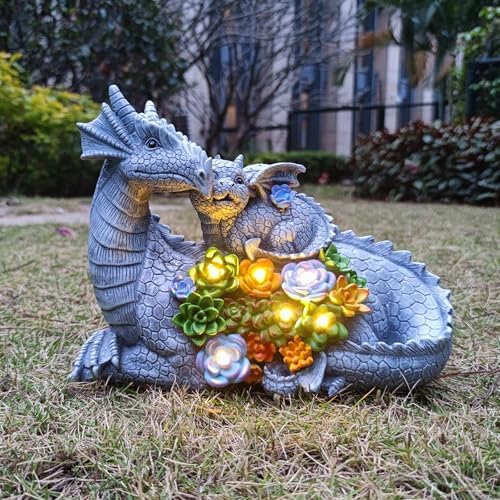 Solar Dragon Statue with LED Lights, Dargon Lover Gifts with Succulent and 6 LED Lights for Outdoor,Solar Dragon Decor for Yard, Garden and Patio, Unique Garden Statue for Mom Grandma by VIOYOUNS