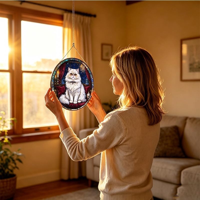 Stained Glass Window Hanging Persian Cat Suncatcher Gifts for Mom 9.8" - Image 4