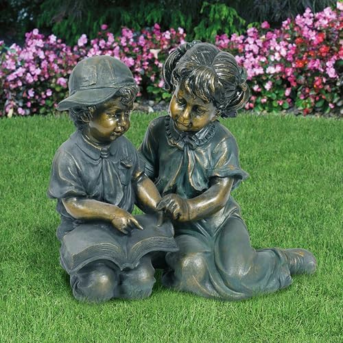 Alpine Corporation GXT258A Outdoor Finely Sculpted Boy and Girl Reading Book Garden Statue, 19"H, Bronze - Image 2