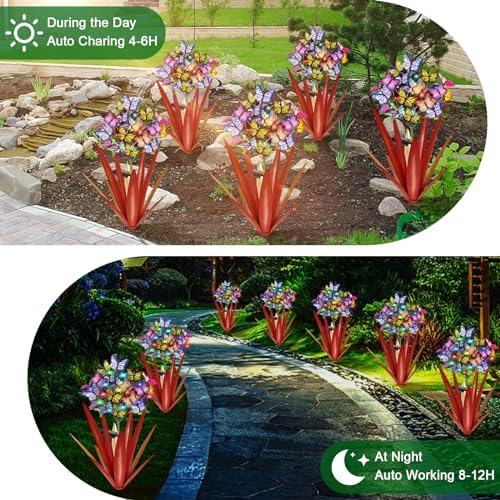 Homight Solar Metal Agave Butterfly Flower Stick Garden Sculpture - Outdoor Christmas Lights, Swaying Solar Lights Gift (2 PCS RED) - Image 3