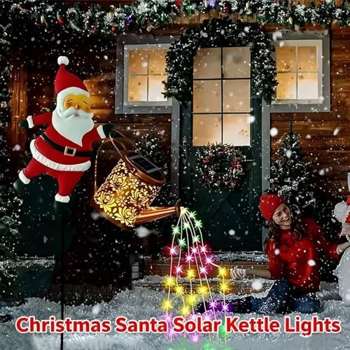 Christmas Solar Kettle Lights Garden Lawn Decorative Lights, Waterproof Hanging Christmas Santa Solar Kettle Light, Watering Can with Cascading Lamp, Stake for Garden Decor (B Rainbow, 1 Pc) - Image 5