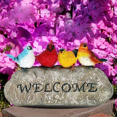 Bird Welcome Sign Stone Statue for Yard Patio Lawn Multicolored Indoor Outdoor Outside Birdy Garden Decor Funny Fairy Ornaments Figurine Home Decorations - Image 4