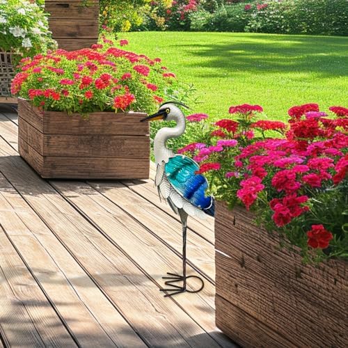 HONGLAND Solar Metal Crane Statue Garden Heron Sculpture, Glass Outdoor Heron Yard Art Coastal Ocean Bird Decor Lawn Ornament for Backyard Porch Patio Decor（24 Inch） - Image 6