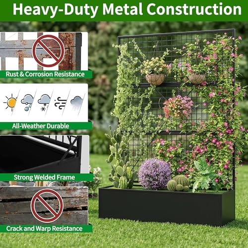 Privacy Planters for Patio – Metal Raised Garden Bed with Trellis and Privacy Screen, 71"×47.2"×16" Planter Box with Drainage Holes for Climbing Plants, Vegetables, and Vines, Outdoor Backyard Black - Image 4