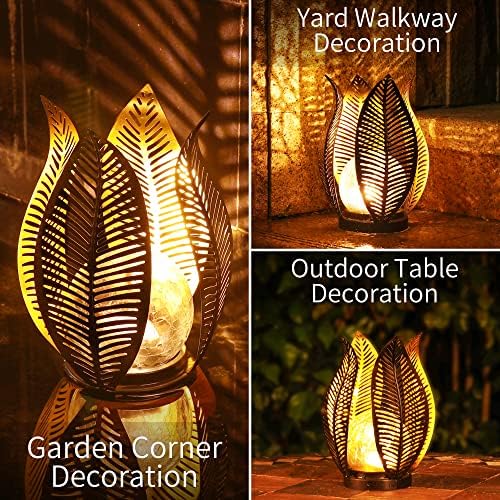 Solar Garden Lights Waterproof Decorations,Crackle Globe Glass,Metal Palm Leaf Solar Lights for Outdoor Decor On Garden,Patio,Yard,Front Porch,Tabletop Lamp-Perfect Gifts - Image 2