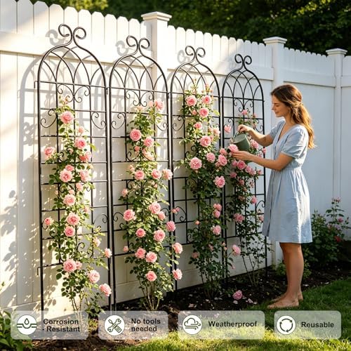 YOBAZAN 4 Pack 71x19.7in Rustic Iron Arch Decoration Garden Trellis with Black Metal Coating – Perfect for Supporting Climbing Plants Outdoor, Roses, Vines, Flowers, and Vegetables. - Image 2