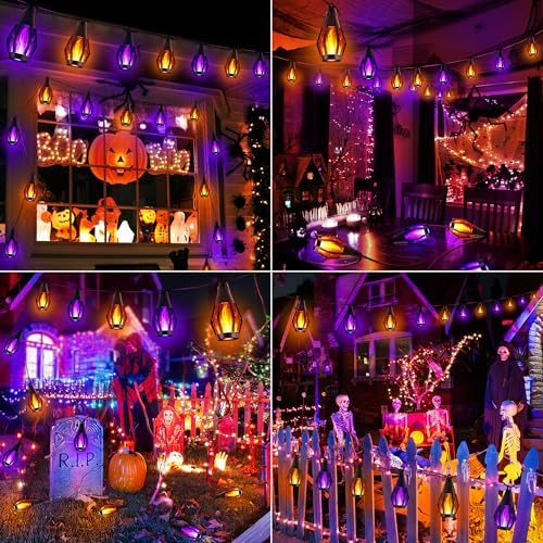 iBaycon 42FT 15 LED Solar Flame Halloween String Lights, Warm White+Purple - Image 2