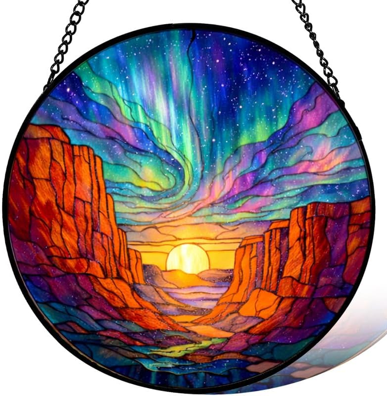 Stained Glass Window Hanging，Aurora Canyon Sunset 11.8in Sun Catchers Indoor Window, Home Decor Inside and Outside the Cottage, Gifts for Women by Unknown