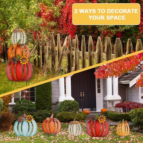 hogardeck Fall Decorations for Home Outdoor, 2 PCS 34" Decorative Garden Stakes with 6 Stacked Pumpkins for Fall Decor, Metal Yard Signs for Garden Home Lawn Patio Thanksgiving - Image 2
