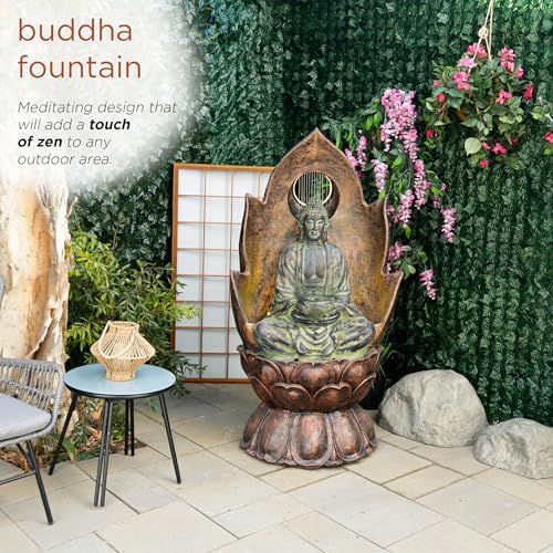 Alpine Corporation 59" Tall Outdoor Buddha Fountain with LED Lights, Elegant Water Feature for Garden, Patio, Yard & Outdoor Spaces, Realistic Stone Look, Calming Waterfall for Relaxation, Brown - Image 4