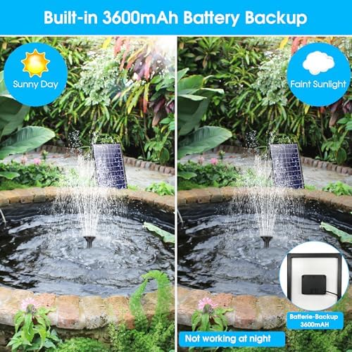 Biling 8W Solar Fountain Pump, Solar Water Pump with 3600mAh Battery Backup Work All Day, 5ft Tubing 5 Nozzles, Solar Fountain for Bird Bath, Garden Pond, Fish Tank and Hydroponics - Image 3