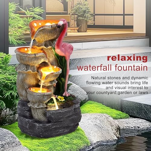 Outdoor Water Fountain - 5 Tier Floor-Standing Cascading Garden Fountain, 25" H Indoor/Outdoor Flamingos Water Fountains with 5 LED Lights for Garden, Patio, Backyard and Home - Image 4