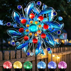 360° Solar Wind Spinners for Yard and Garden - Outdoor Metal Wind Sculptures & Spinners, Red Blue Kinetic Art with Solar Powered LED Multi-Color Glass Ball Lights for Patio, Lawn Decor - Image 2
