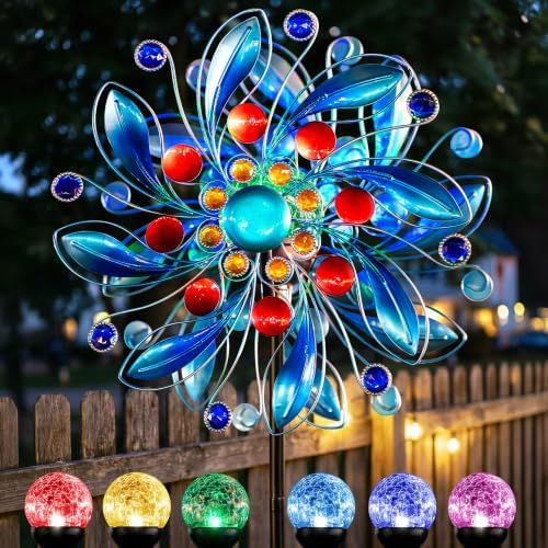 360° Solar Wind Spinners for Yard and Garden - Outdoor Metal Wind Sculptures & Spinners, Red Blue Kinetic Art with Solar Powered LED Multi-Color Glass Ball Lights for Patio, Lawn Decor - Image 2