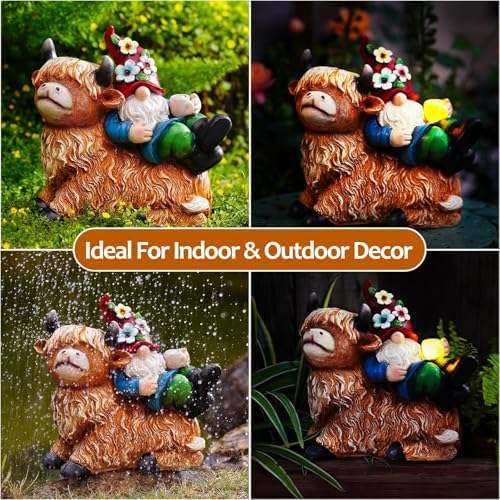 Pohabery Garden Gnomes Decor Outdoor Statues Gnome on Highland Cow Hold Solar Cup Light Outdoor Decorations for Patio,Yard and Gift for Mom（L - Image 5