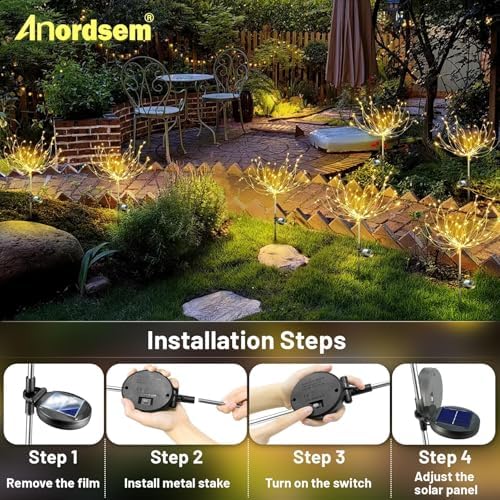 Anordsem Solar Garden Lights Outdoor: 4 Pack Bendable Copper Wire with 120 LED Twinkling Firework - Waterproof DIY Warm Fairy Decorative Yard Patio - Gardening Gifts for Parents Homeowner - Image 4