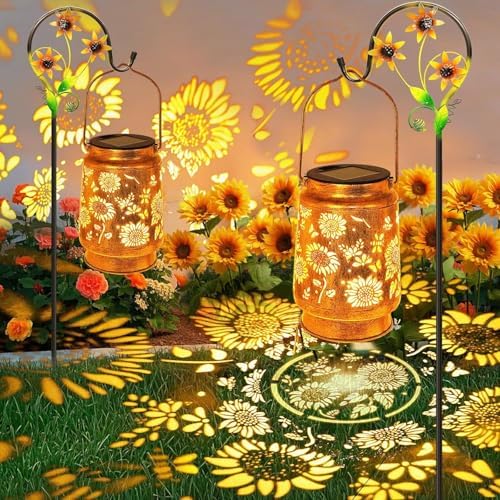 2 Pack Sunflower Solar Lanterns Outdoor with Shepherd Hook, Birthday Gift Mothers Day Gift for Women Mom Grandma Wife Daughter, Waterproof LED Hanging Lights, Decor for Yard Garden Patio Porch Lawn by YJFWAL