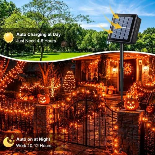 QITONG Solar Halloween String Lights, 2 Pack Each 66ft 200 LED Orange led Lights Outdoor Waterproof, Green Wire Twinkle Light with 8 Modes for Outside - Image 3