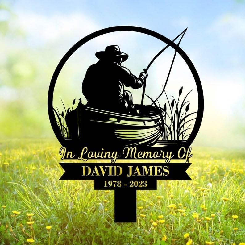 Personalized Memorial Plaques for Outdoors Old Fisherman Grave Marker Metal Garden Stakes Fishing Dad Memorial Gifts Sympathy Gifts for Loss of Loved One (Old Fisherman) by DINOMAN
