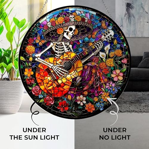 Mexican Skull Playing Guitar Stained Glass Suncatcher Window Hangings, Mexican Decor, Sugar Skull Gifts for Women 11.8" - Image 4
