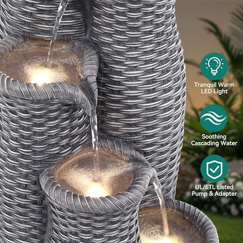 AUTODAYA 33" H Outdoor Water Fountain, 5-Tier Faux Rattan Vase Waterfall - Image 7