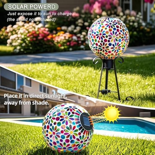 VOREEN Solar Gazing Ball, 10" Mosaic Glass Gazing Globe with Solar Light, Handmade Outdoor Patio Lawn Garden Decor Sphere, Colorful Daisy Design - Image 2