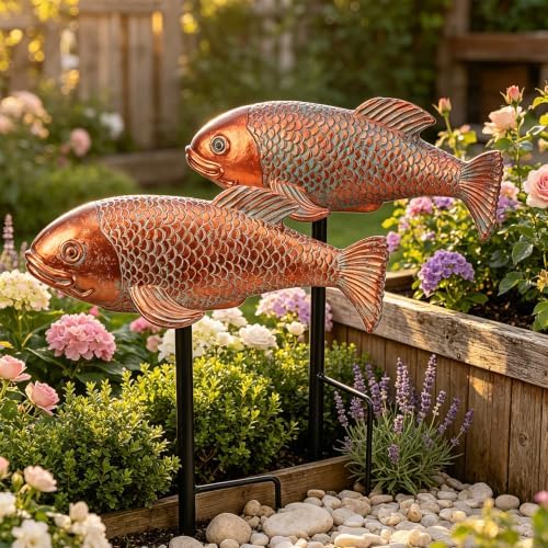 Teaeeno Antique Koi Fish Garden Statues - Set of 2 | Exquisite Fish Sculptures for Outdoor, Patio, Pond, and Garden Decorations by Teaeeno