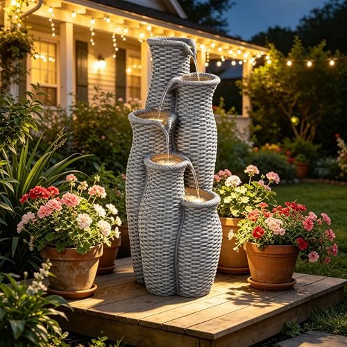 AUTODAYA 33" H Outdoor Water Fountain, 5-Tier Faux Rattan Vase Waterfall - Image 5