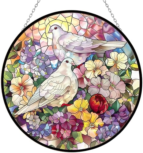9.84 Inch Doves Mother Suncatcher Stained Glass Window Hanging Handmade Stained Glass Suncatchers Metal Chain Garden Decor Gift for Women Christmas Thanksgiving by Unknown