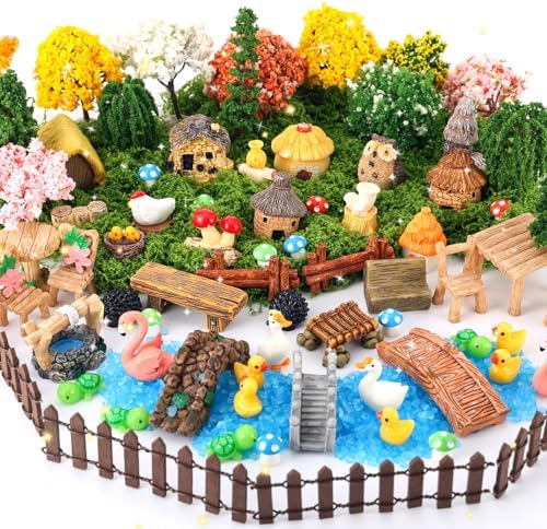 84 Pcs Fairy Garden Accessories, Miniature Village Starter Kit with Moss Model Tree Tiny Resin Animal Figures, DIY Bonsai Micro Landscape Ornament for Terrarium Succulent Dollhouse Craft by Unknown